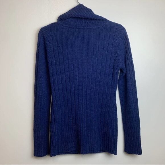 Solid Blue Chunky Cable Knit Shawl Collar Sweater size M Long Sleeve with pocket - Picture 9 of 11